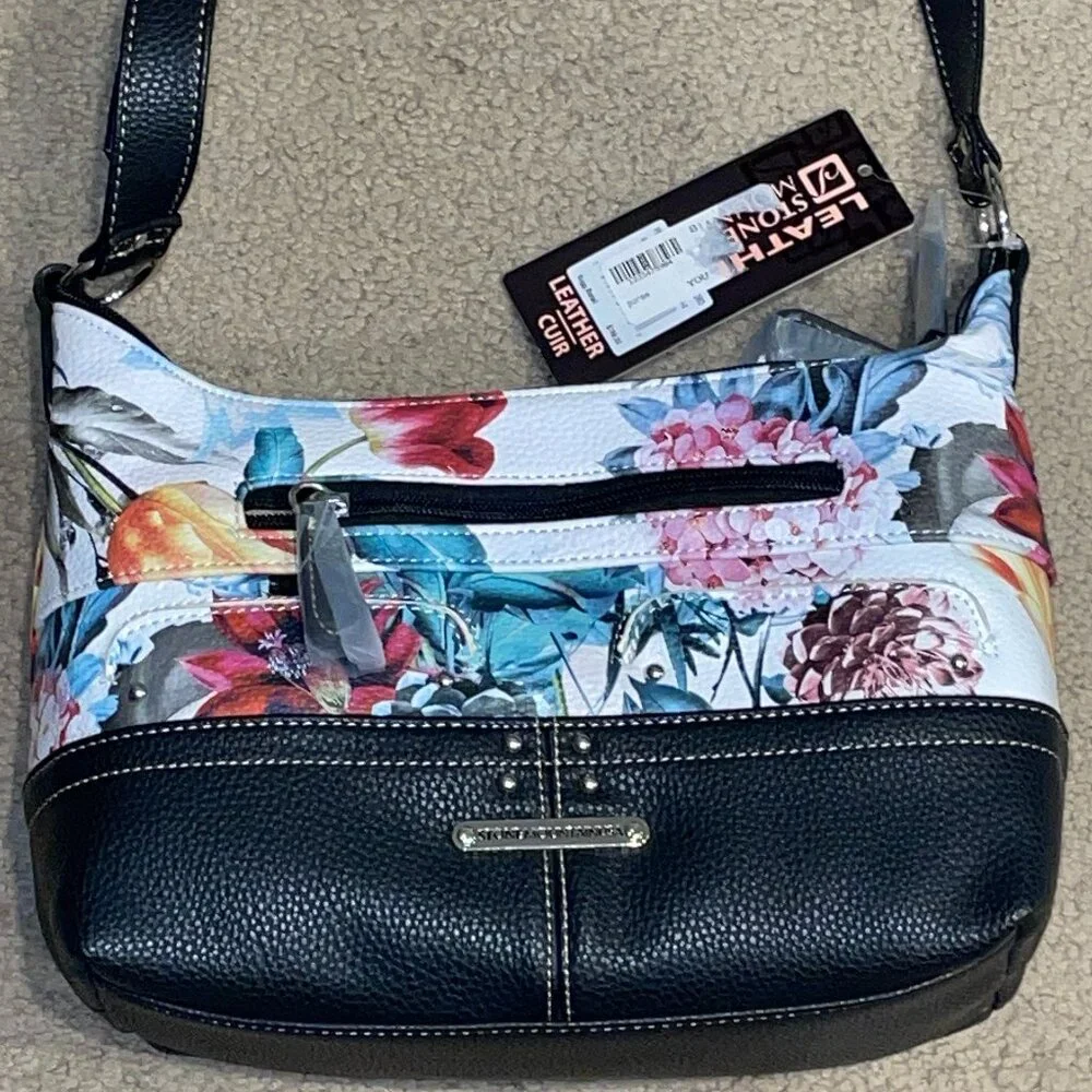 NWT $169 Leather STONE MOUNTAIN Pebbled Floral Hobo Purse